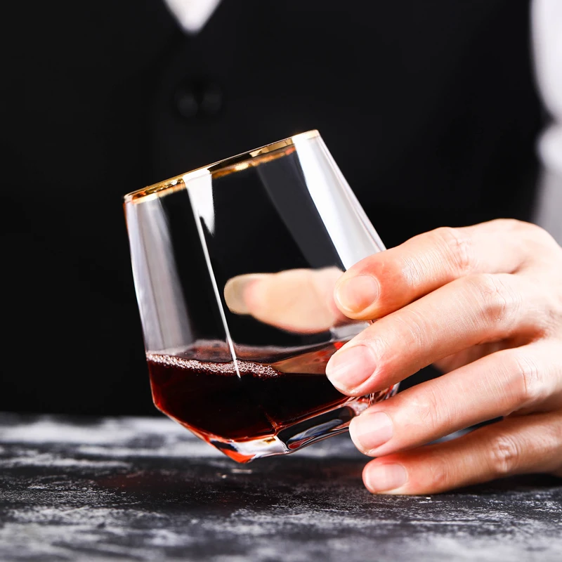 
New Diamond Shaped whiskey glass cup Crystal Glass Whisky Cup with gold rim rocks glasses 