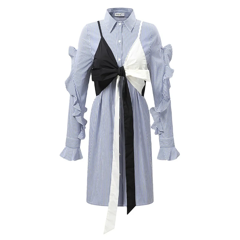 
Moodylime Spring and Autumn New Waist Slim Academy Wind Dress Turn-lapel Leisure Stripe Blue Dress 