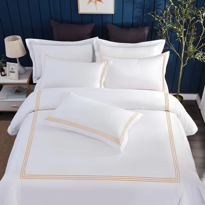 5 Stars Hotel Bedding Set Pure Cotton Satin Strip Bed Line Duvet Cover Sheet