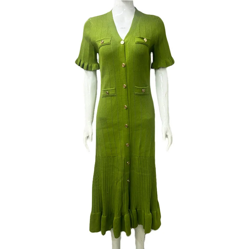 Fashion Women Cloth Casual temperament single-breasted Sweater Dress Elegant Shot-Sleeved V-neck Knitted Pleated Dress Skirt
