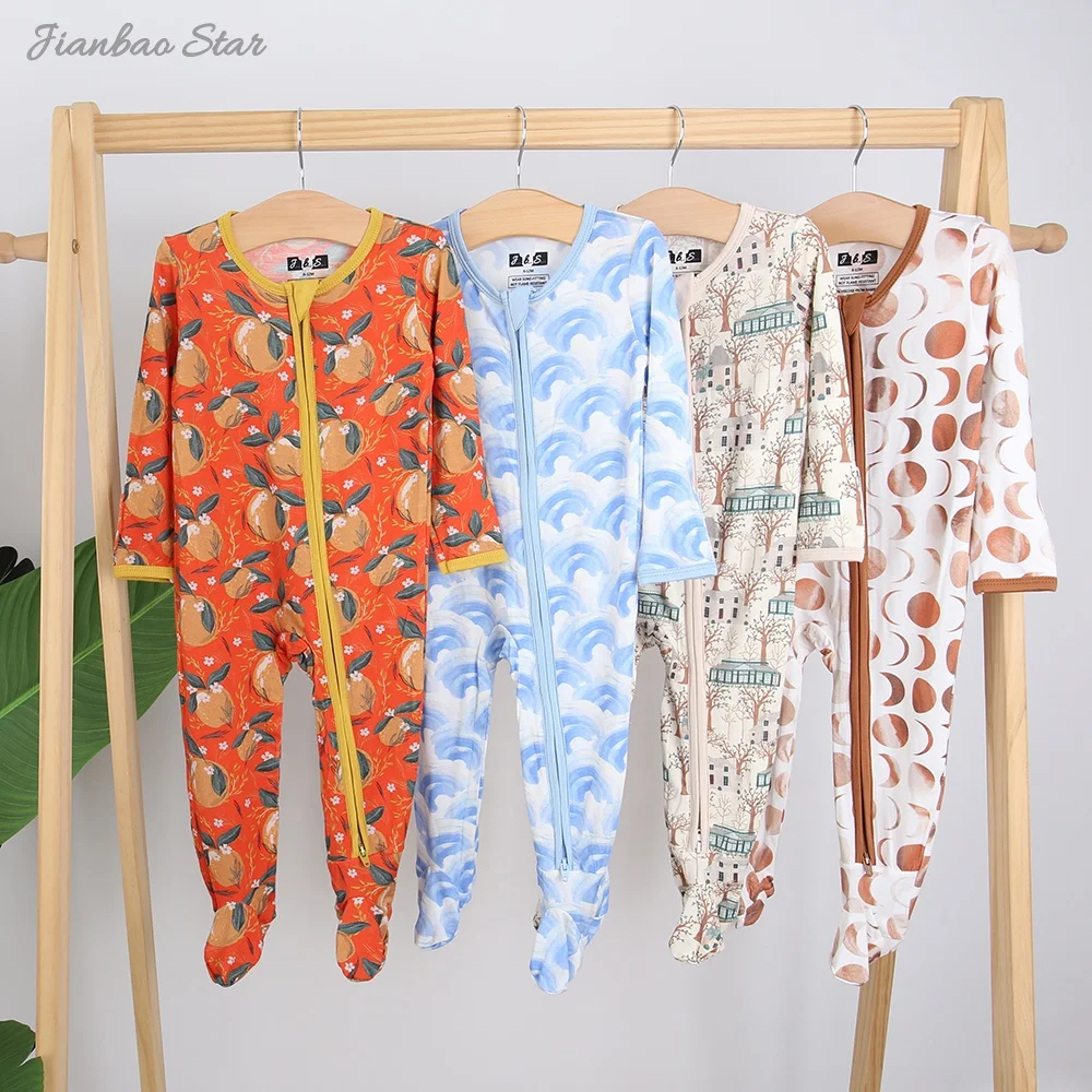New Release Infants Body Suit Zipper Jumpsuits Bamboo Spandex Cotton Long Sleeve Lovely Printing Baby Rompers
