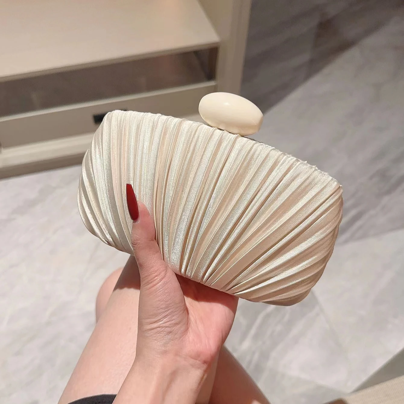 wholesale bags accessories beige satin pleated luxury women evening dress handbags clutch purses