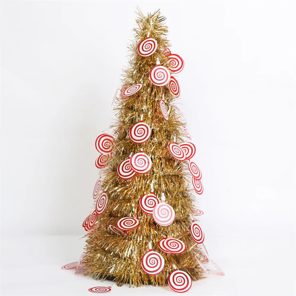 Wholesale party supplies Christmas 48cm Christmas PET tinsel tower tree with lollipop ornaments