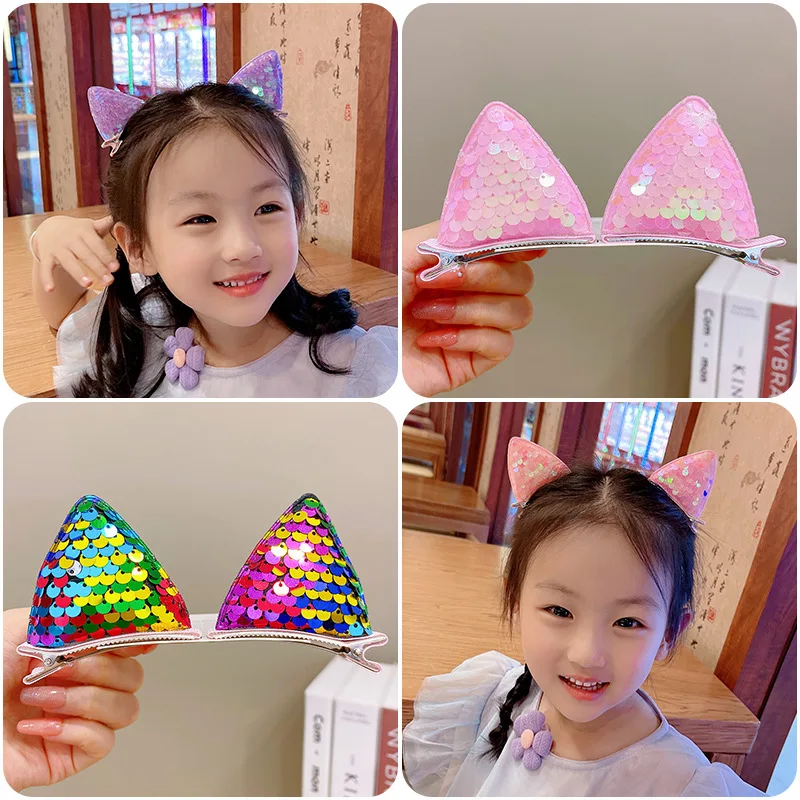 CN 2Pcs Cartoon Cat Ear Hairpins Toddler Girls Sequin Hair Clip Girls Princess Hair Accessories