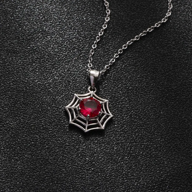 Keiyue Ruby Zircon Necklace Spider Web Personality Design 925 Sterling Silver Necklace For Women