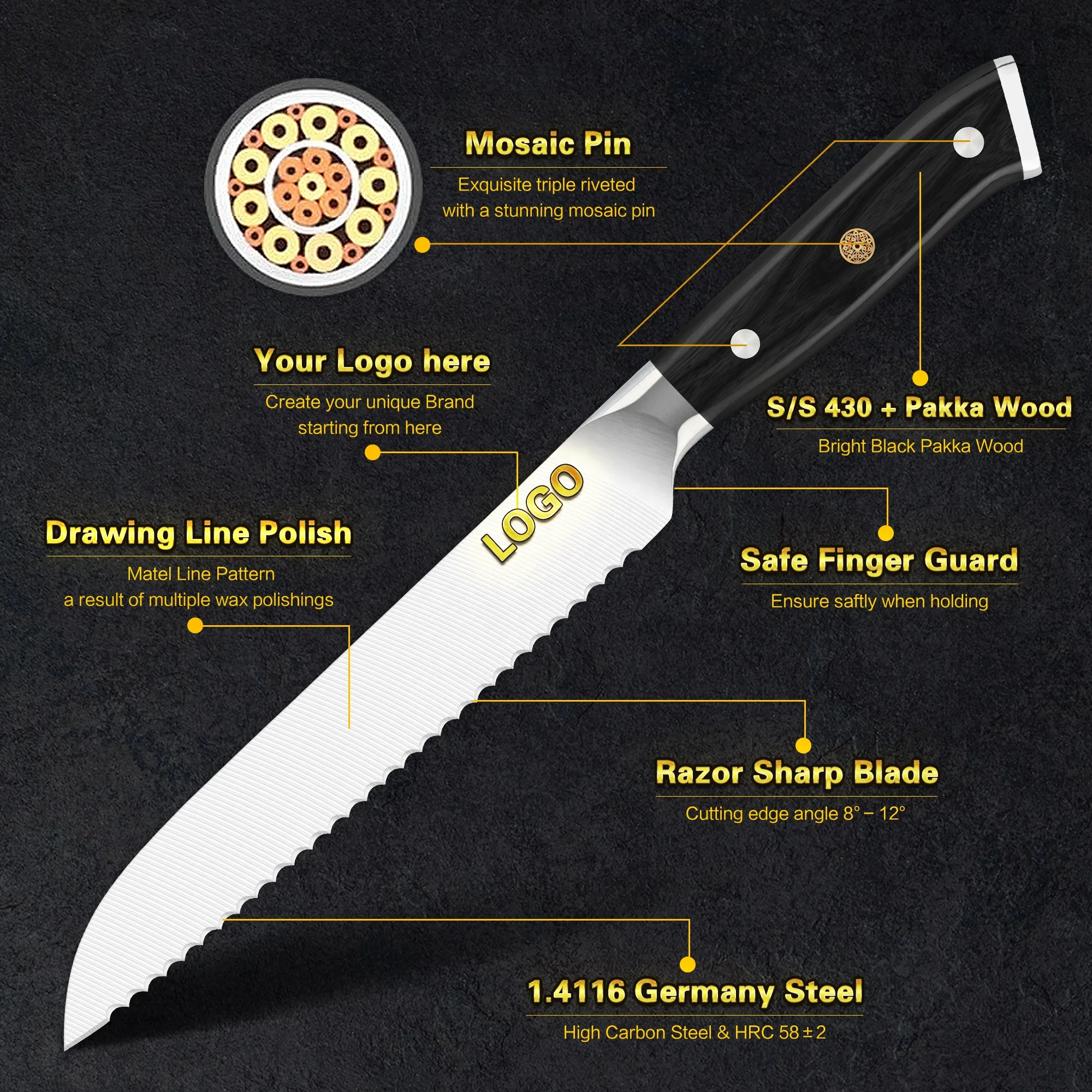 10% Off Custom Logo Black Pakka Wood 8 inch 1.4116 forged serrated bread knife made of german stainless steel