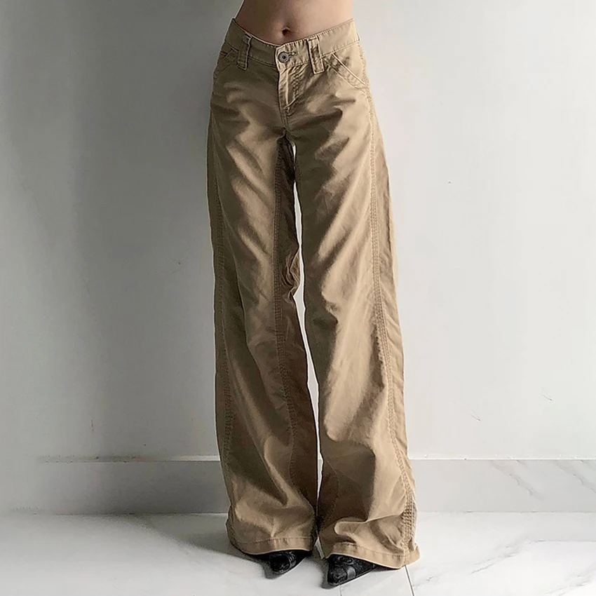 OOTN 2024 Street Style Minimalist Straight-Leg Pants Casual Fashion Low Waist Pleated Cargo Pants For Women Wide Leg Trousers