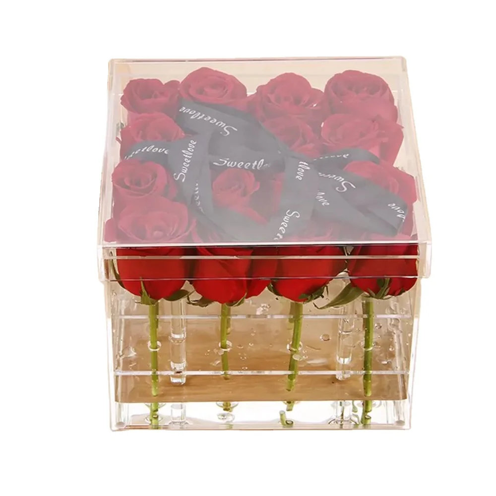 Factory wholesale luxury cube crystal preserved flower box packaging morden simple acrylic flower box