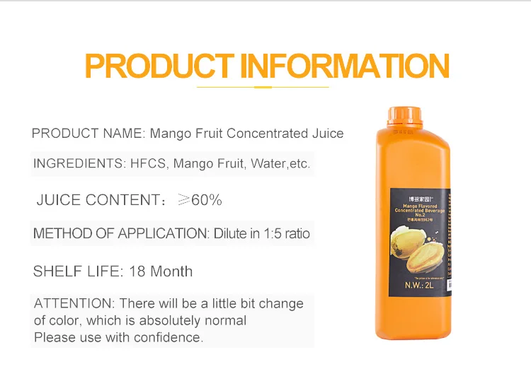 High Quality Mango Flavoured Syrup mango juice Concentrates for Bubble Tea Fruit Tea Fresh Made Drinks 2 Litres