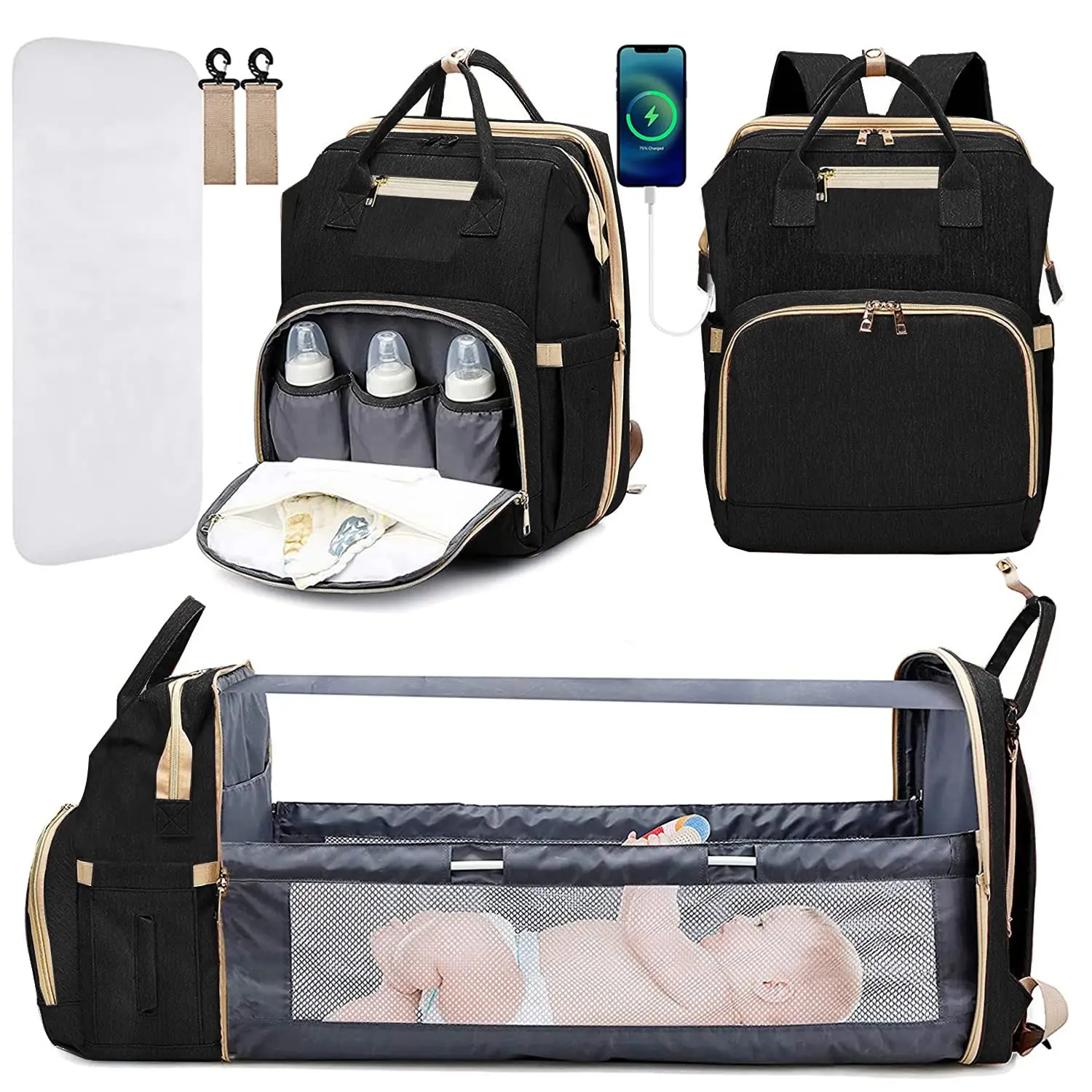 Best Sell Waterproof USB Charging Port Insulated Pocket Large Mommy Baby Sunshade Diaper Bag Backpack With Changing Station