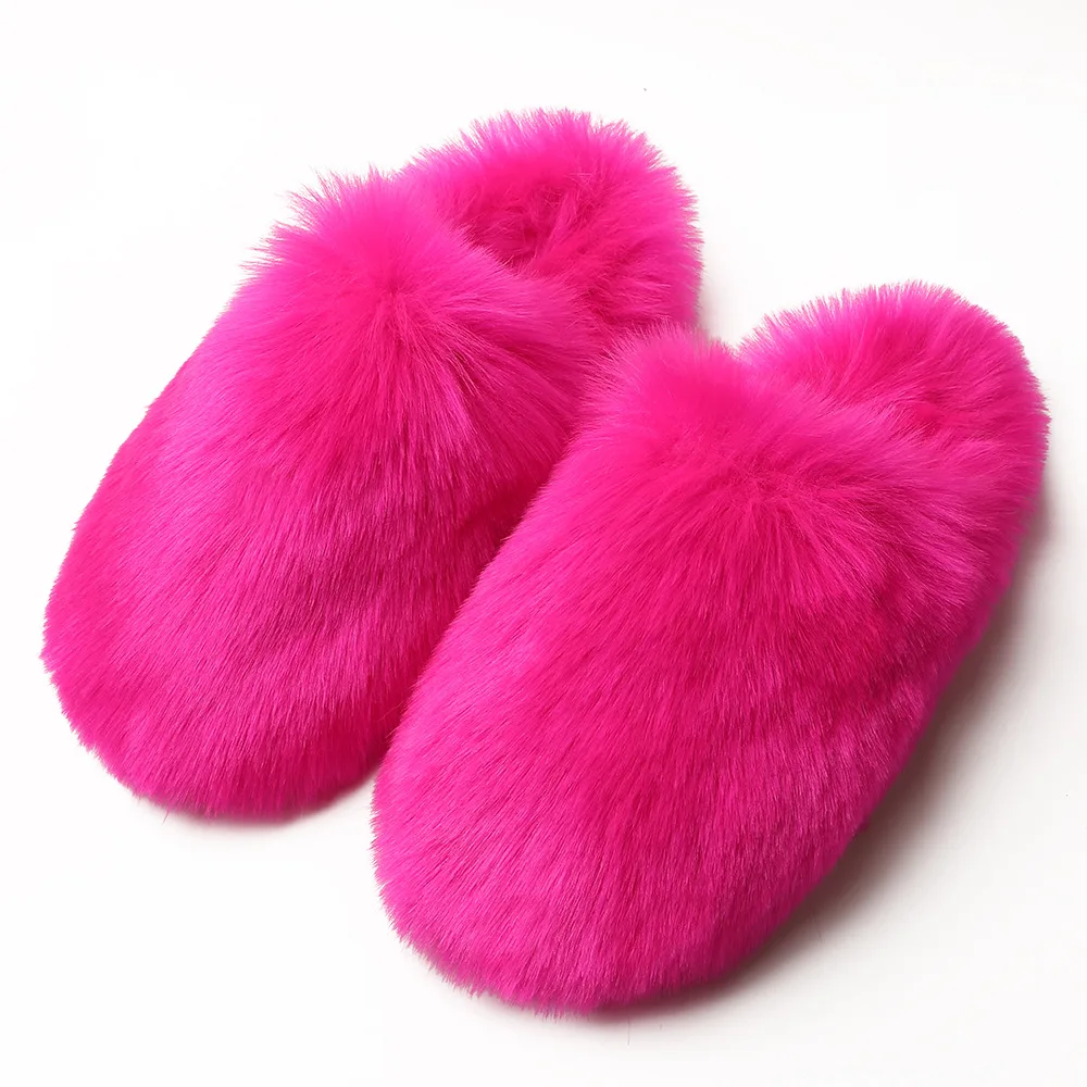 Wholesale fashion warm plush fluffy shoes winter faux fur house slippers women
