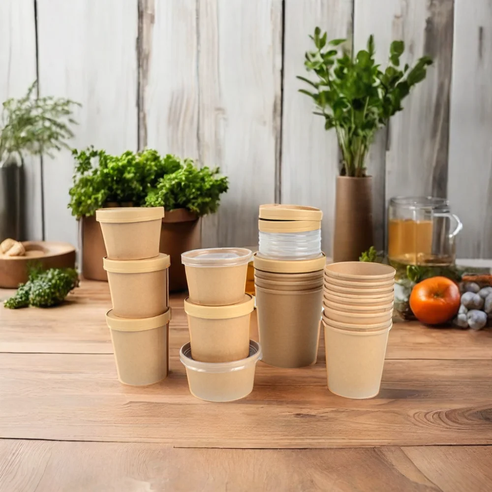 SenAng05 Food Grade Disposable Kraft Paper 12oz Porridge Bucket Portable Microwavable Paper Soup Cup With Lids