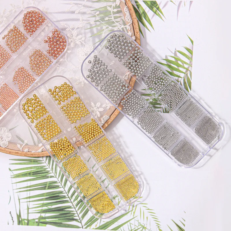 Cross-border new nail accessories small steel beads in a 12-grid long box mixed gold and silver metal nail set