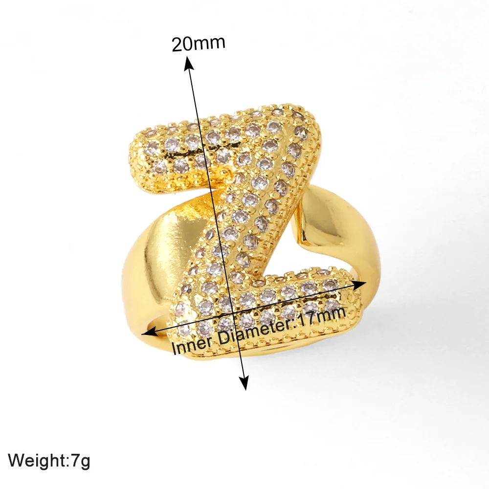 New Arrival Simple 26 English Letters Copper Gold Plated Full Zirconia Open Finger Ring