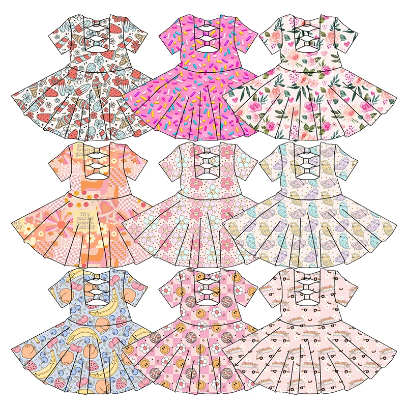 Trendy Children clothing Custom design Soft fabric Lovely one piece bow dress round neck knee length Girls dresses