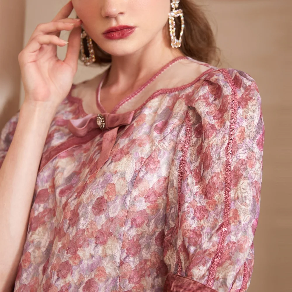 Wholesale Ladies Outfits Short Sleeve Floral Print Blouse And Satin Midi Skirts Swaying Skirt Two Piece Suit