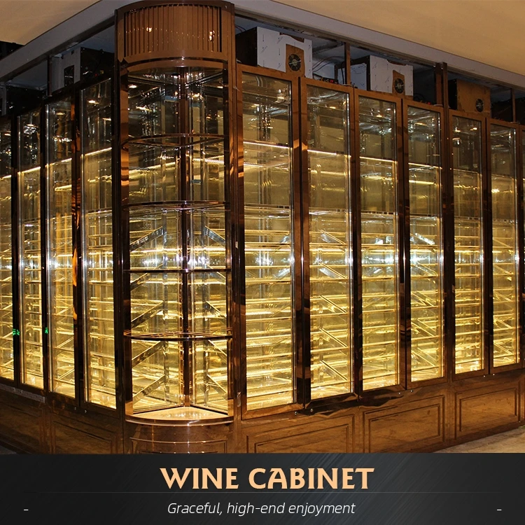 Gold Luxury Custom Liquor Alcohol Storage Wall Large Thermostatic Wine Cabinet for Hotel Home Wine Cellar