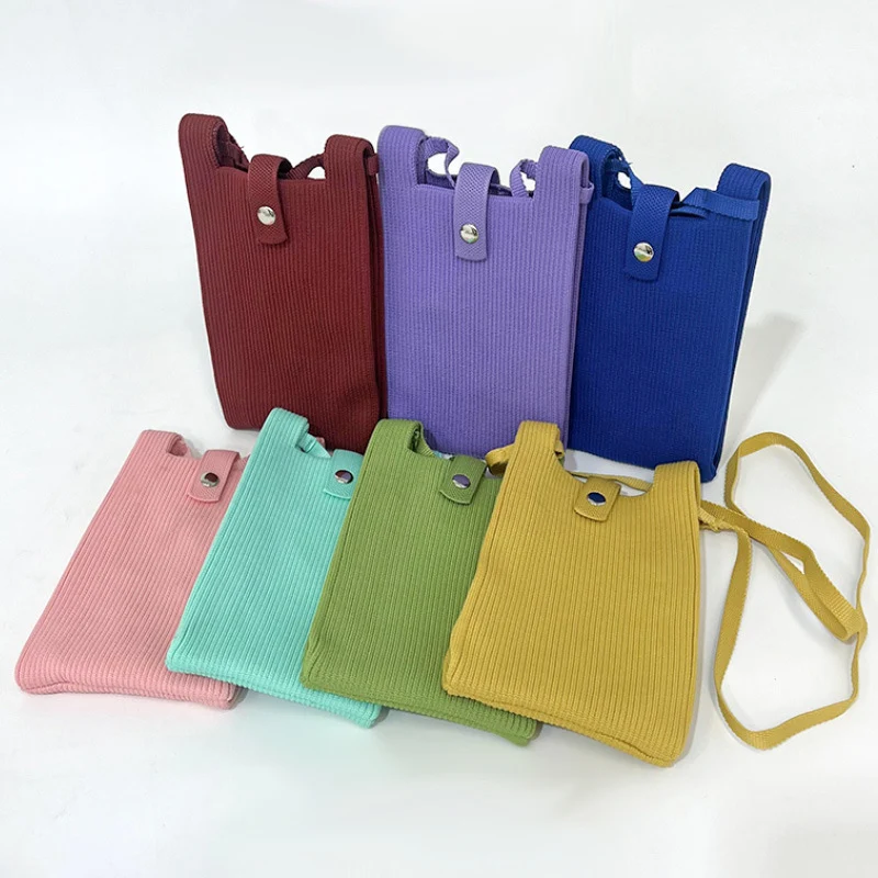 Fashion Solid color Knitted Mini Mobile Phone Pouch Cross Body Handbag Crochet Travel Phone Bag 2024