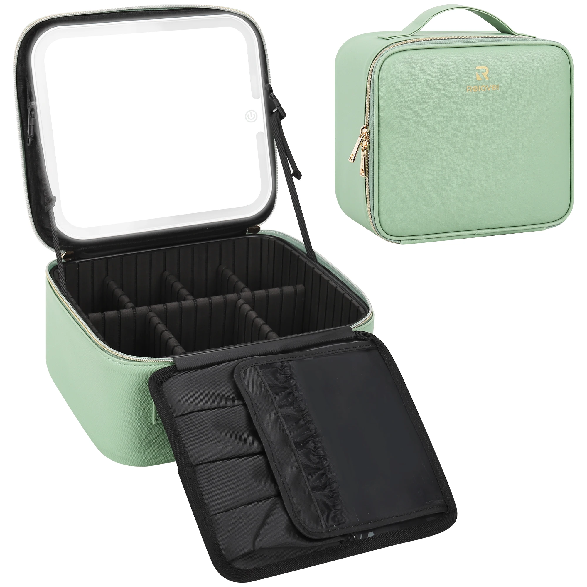 ReIaveI Makeup Case High Frame Mirror Travel Cosmetic Bags Brush Organizer Storage Box Rechargeable Mirror with 3 Color Lights