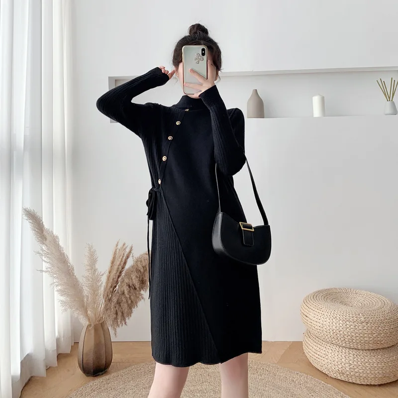Autumn Winter Thick Warm Knitted Maternity Long Sweaters A Line Slim Dress Clothes for Pregnant Women Fashion Pregnancy