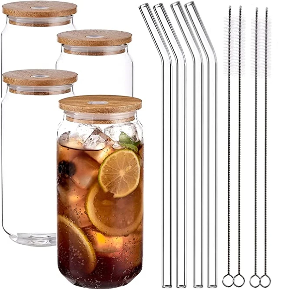 Drinking Cup Glasses with Bamboo Lid and Glass Straws Cute Glasses Beer Jars Glasses beer can glass