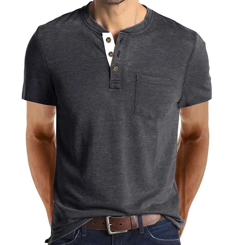 Fashion Design Slim Fit Solid T-shirts Male Summer men button Solid t shirts with pocket