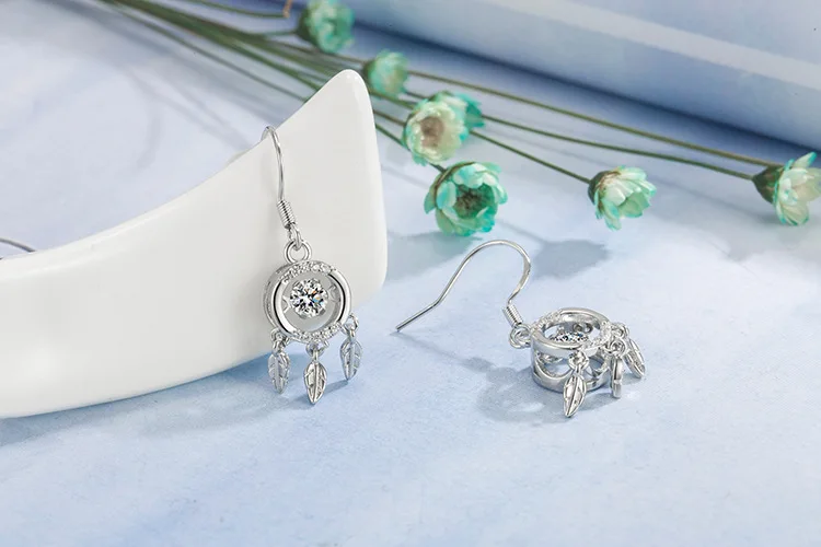 Women Vintage Blue Light Charm Tassel Feather Dangles Ear Stud Natural Grey Moonstone Dream Catcher Drop Earrings