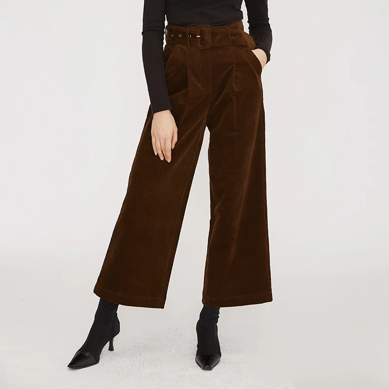 Wholesale corduroy thick elegant trousers vintage belt high quality workout trending classy women wide leg pants cotton 2021