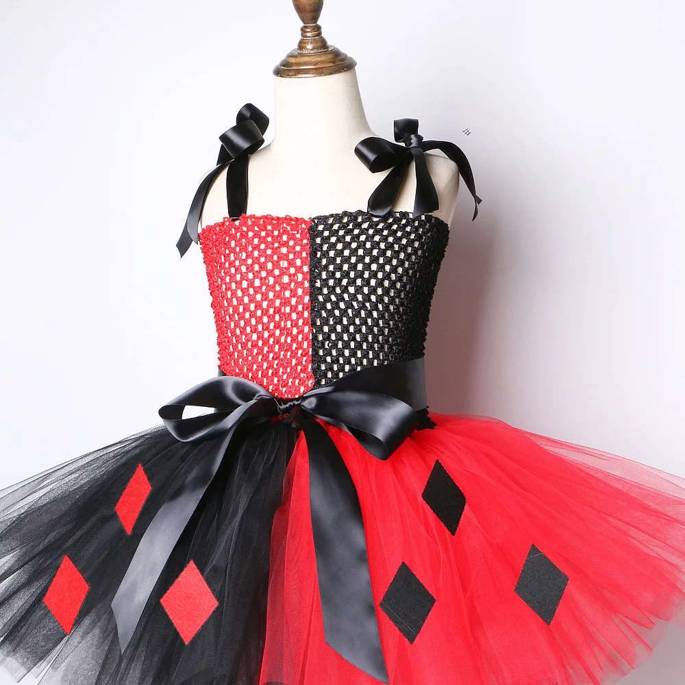 Halloween TV & Movie Costumes Kid Red And Black Clown Mesh Tutu Dress Cosplay Revenge Girl Stage Performer Dress with Headband