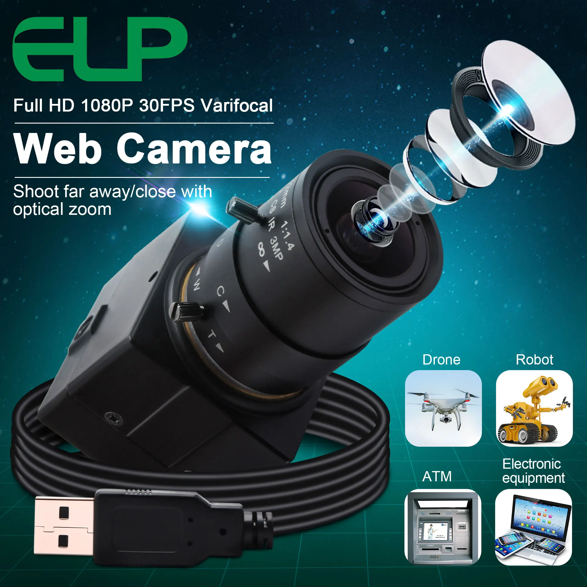 USB-веб-камера ELP Full Hd 1080P варифокальная CMOS OV2710 30fps 60fps 100fps промышленная Usb-видеокамера UVC для ПК компьютера
