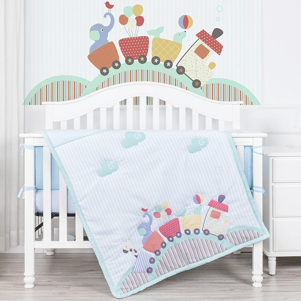 Cartoon animal train theme baby bed set polyester microfiber baby bedding crib for boys
