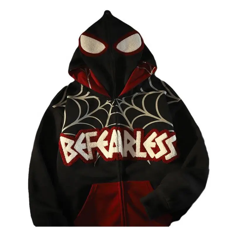 OEM Wholesale Towel Embroidery Anime Hoddies high quality Hoodies Full Face Zip Up Spider Hoodie for men