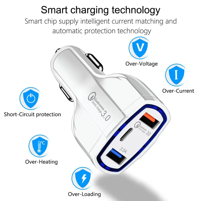 Qualcomm QC3.0 Quick Car Charger Type-c PD 3 Port Car USB Charger 3USB PD Type-C Fast Charging Adapter For Mobile Phone