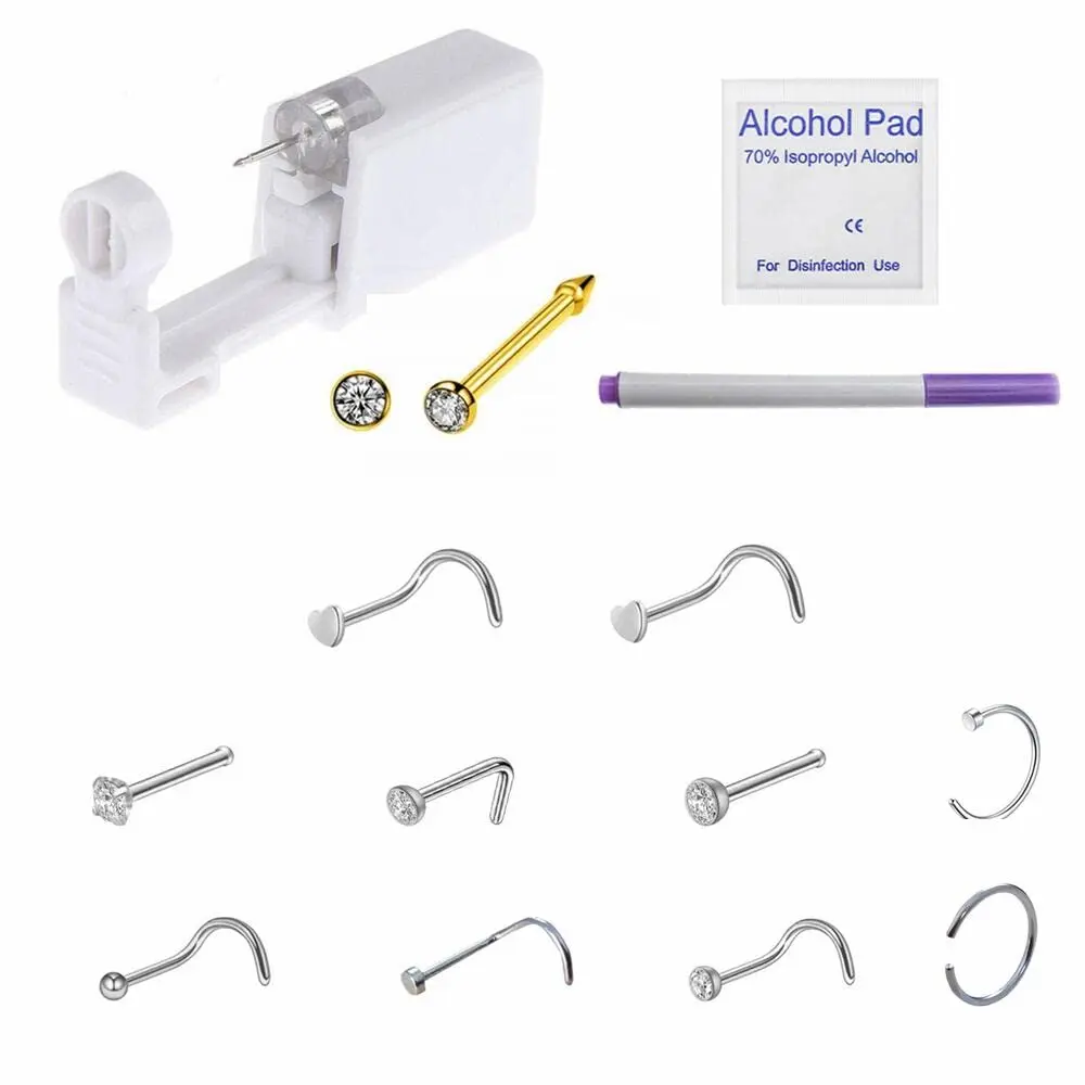 Disposable Safe Nose Piercing Kit, Nose Stud Piercing Kit Tool with 10 Pcs Nose Screws Studs Rings and Marker