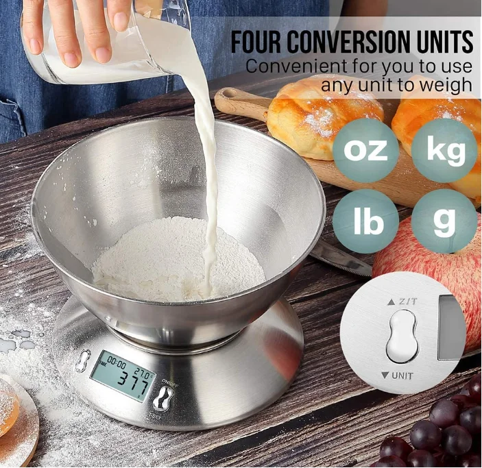 
Digital Kitchen Food Scales Stainless Steel Weighing Cooking Scales with Detachable Bowl 11lb/5kg LCD Display with Tare Function 