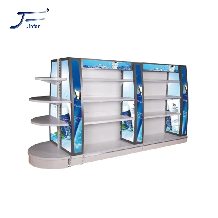 Customized High Quality Supermarket cosmetics and skin care products semi-circle glass display shelving