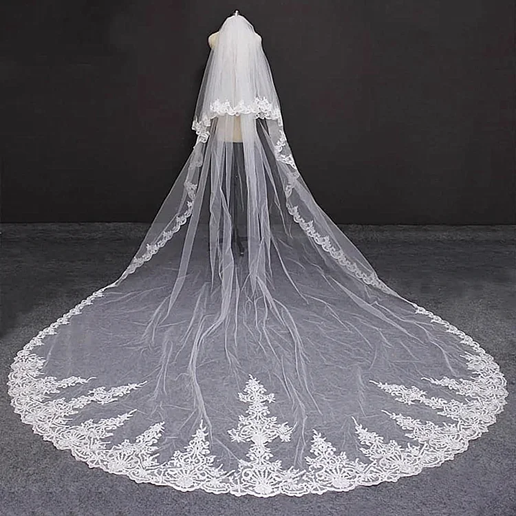 
Wholesale cheap price two-tier embroidery edge white bridal veils lace wedding veil for bride 