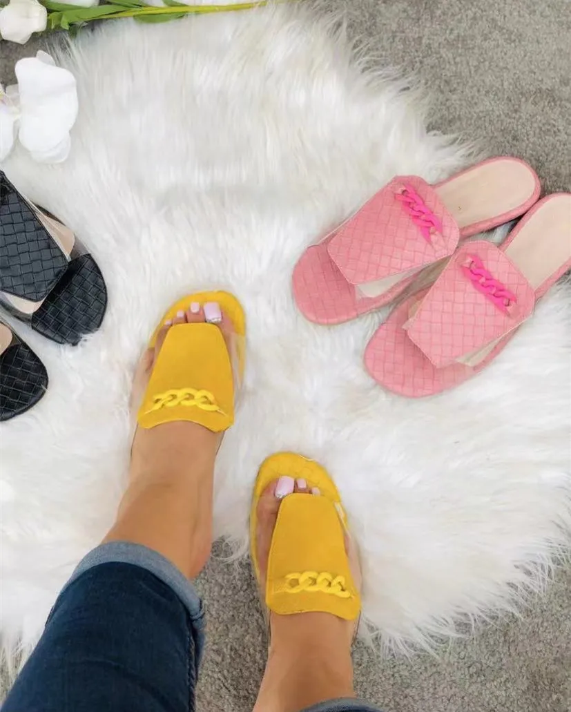 2023 Summer Hot sale ladies Sandal fashion transparent chains decorative woven solid color patchwork women flat slippers
