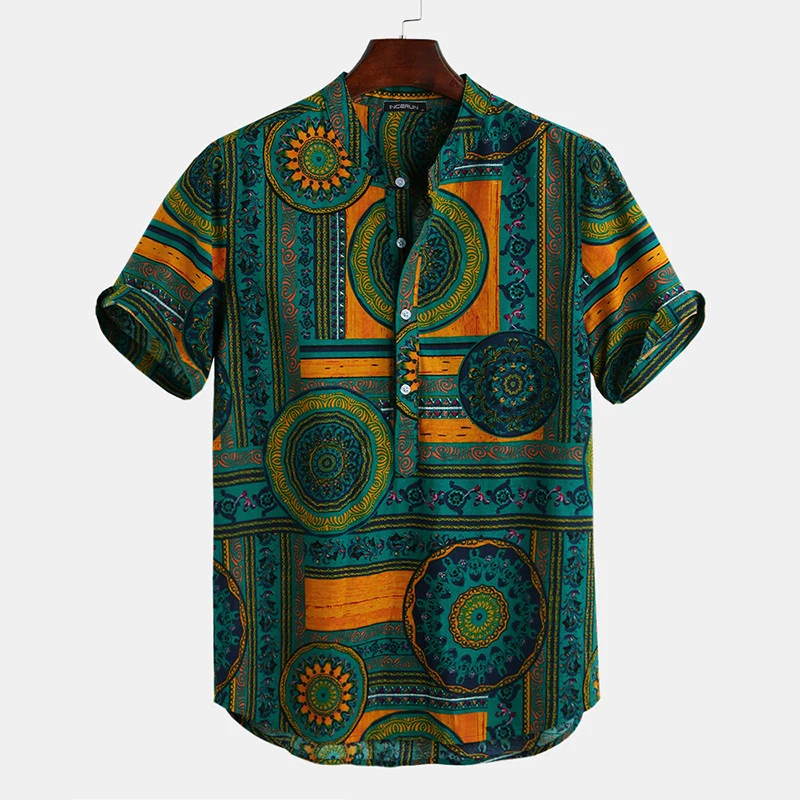 Men Shirt Ethnic Style Print Short Sleeve Stand Collar Camisa Masculina Casual Tops Streetwear Men Hawaiian Shirts
