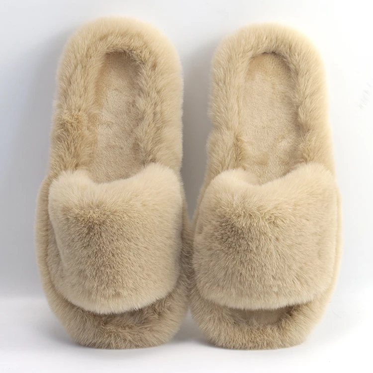 Custom Women Fashion One Strap Furry Imitated Rabbit Fur Fluffy Fashion Fur Slippers for Women
