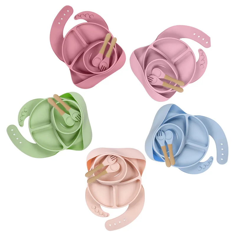 Factory Wholesale Custom Silicone Baby Dish Bib Bowl Spoon Fork Silicone Baby Feeding Set New Baby Feeding Products of All Types