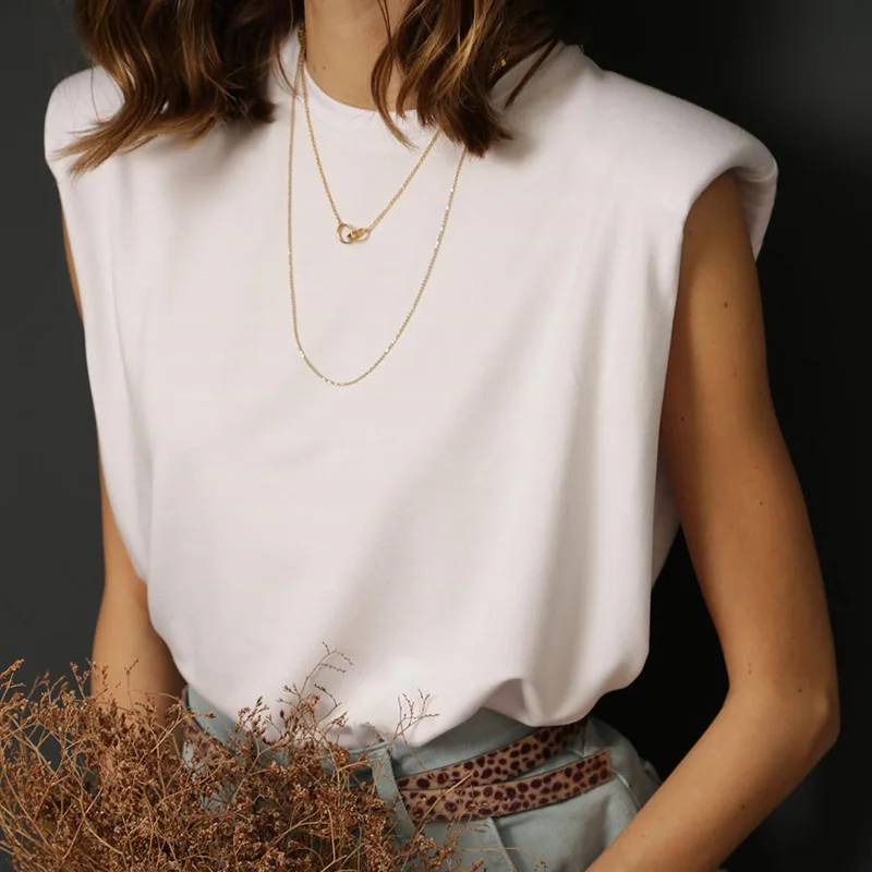  Hot Sale Women Clothing Tops Blouse Sleeveless Shoulder Pad Loose-Fitting T-shirt Vest woman tops fashionable crop