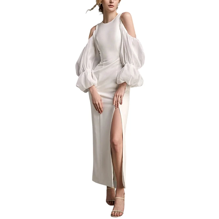 White Lantern Sleeve Cold Shoulder Side Slit Maxi Dress online dresses for wedding guests long sleeve elegant prom dress luxury