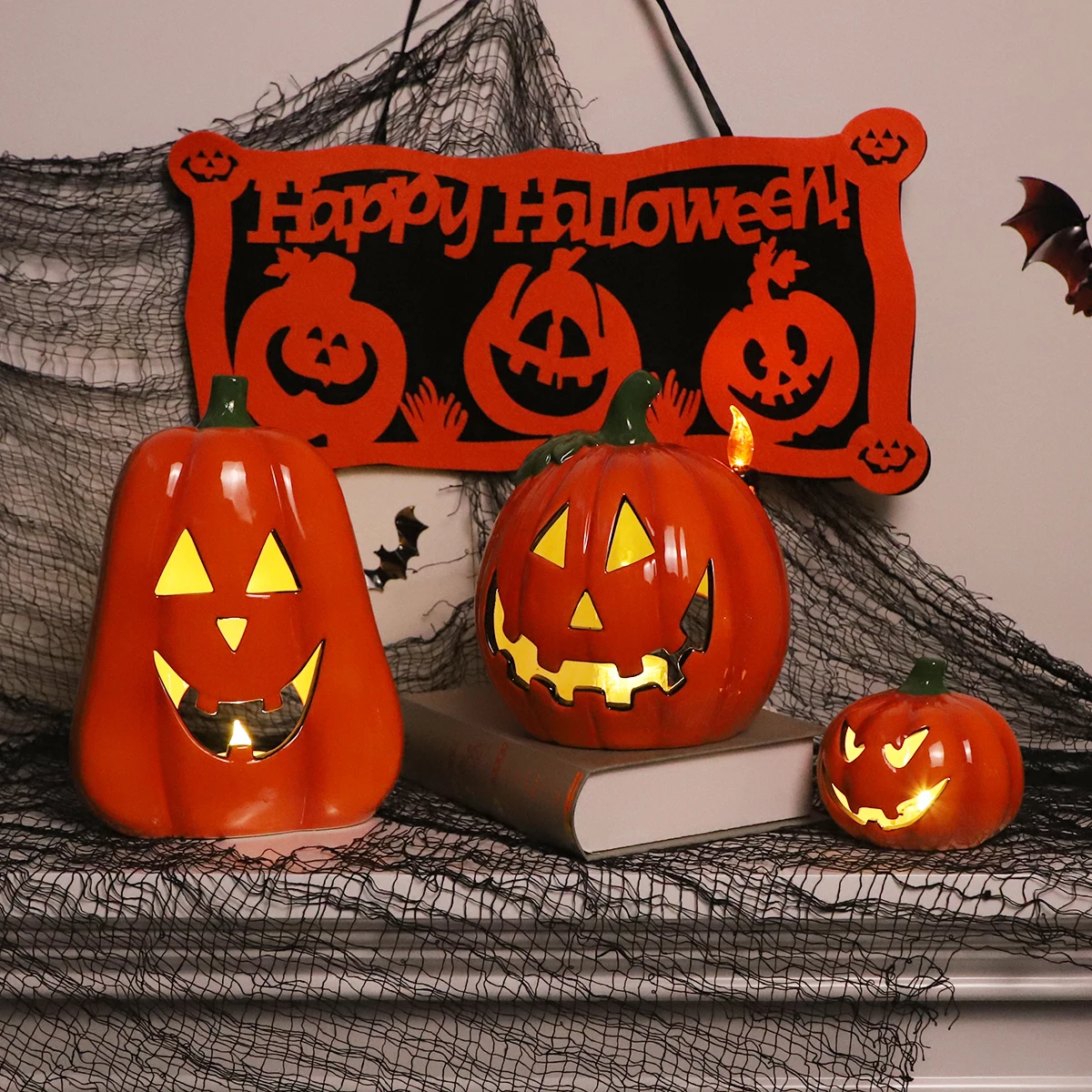 Wholesale Mall window display pieces hollowed out glow Easter scene decoration led Halloween pumpkins
