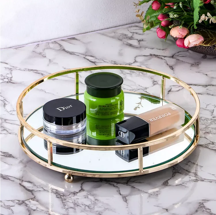 Gold Metal Serving Decorative rotating round perfume mirror tray