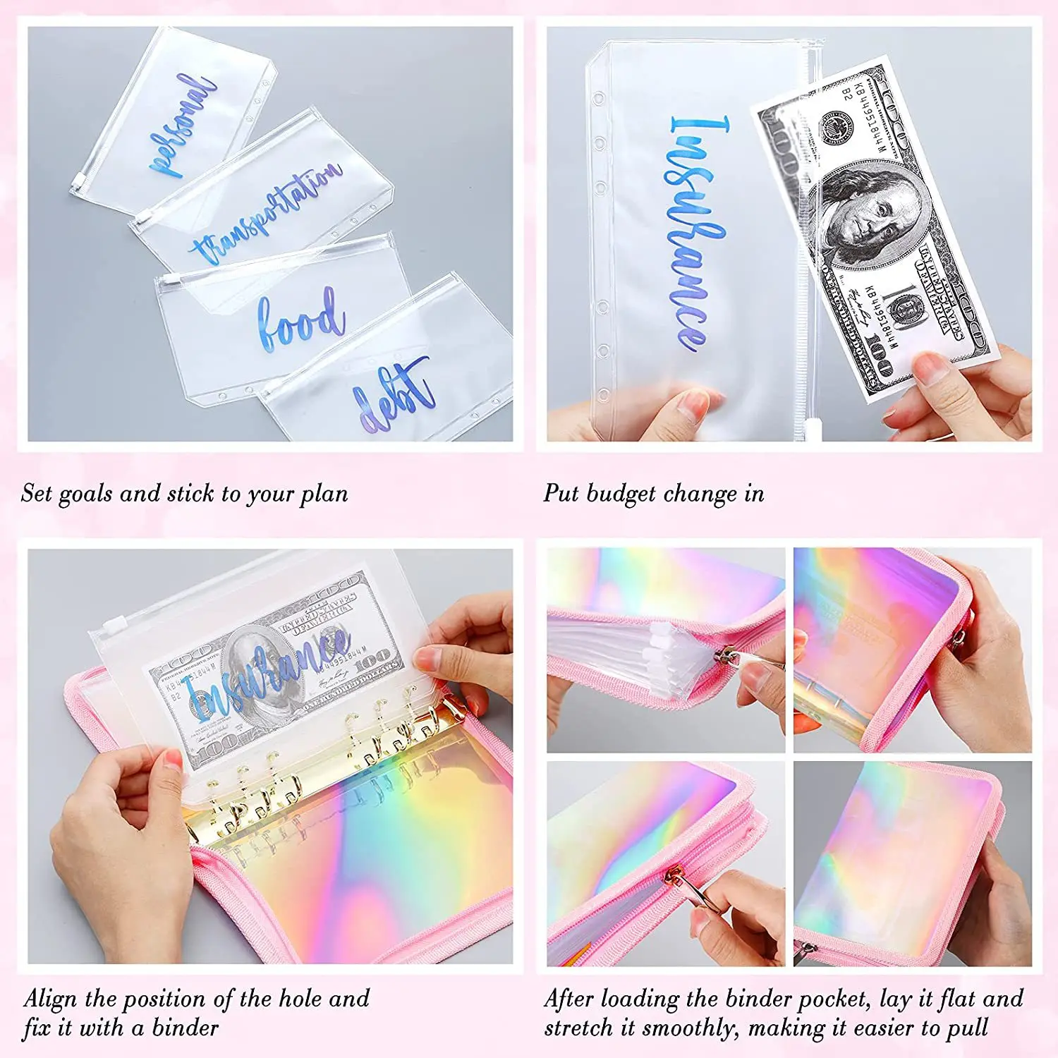 plastic pvc zipper bag clear holographic mylar aluminum foil zipper bags pouch label stickers a6 a7 cash envelopes for budgeting