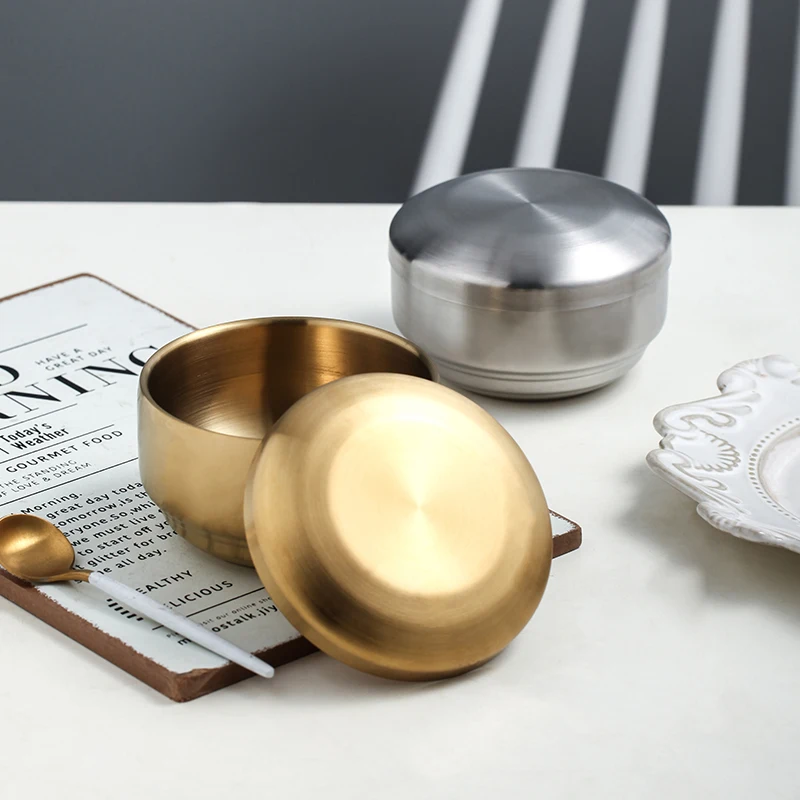 Fruit Mixing Metal Serving Soup Silver Stainless Steel Korean Gold Rice Bowl with lid cover