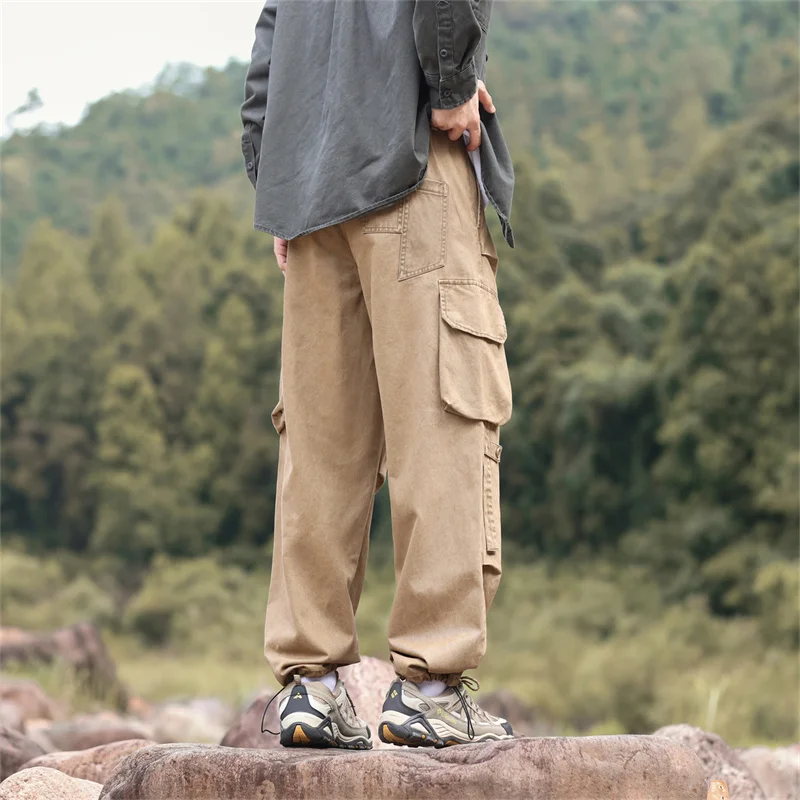Workwear Style Drawstring Cargo Packet Stretchable Waist Cargo Pants Outdoor Active Wear-Resistant Work Trousers for Men