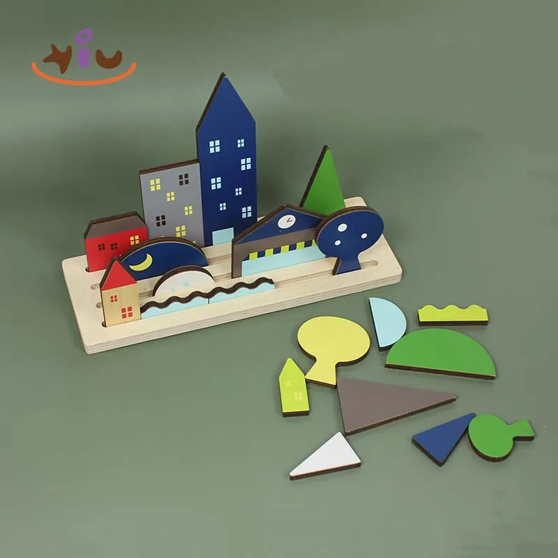 KIU Double Side Different Shapes Wooden Blocks Toys Building Blocks Puzzle Toys Diy Landscape Creative Toys