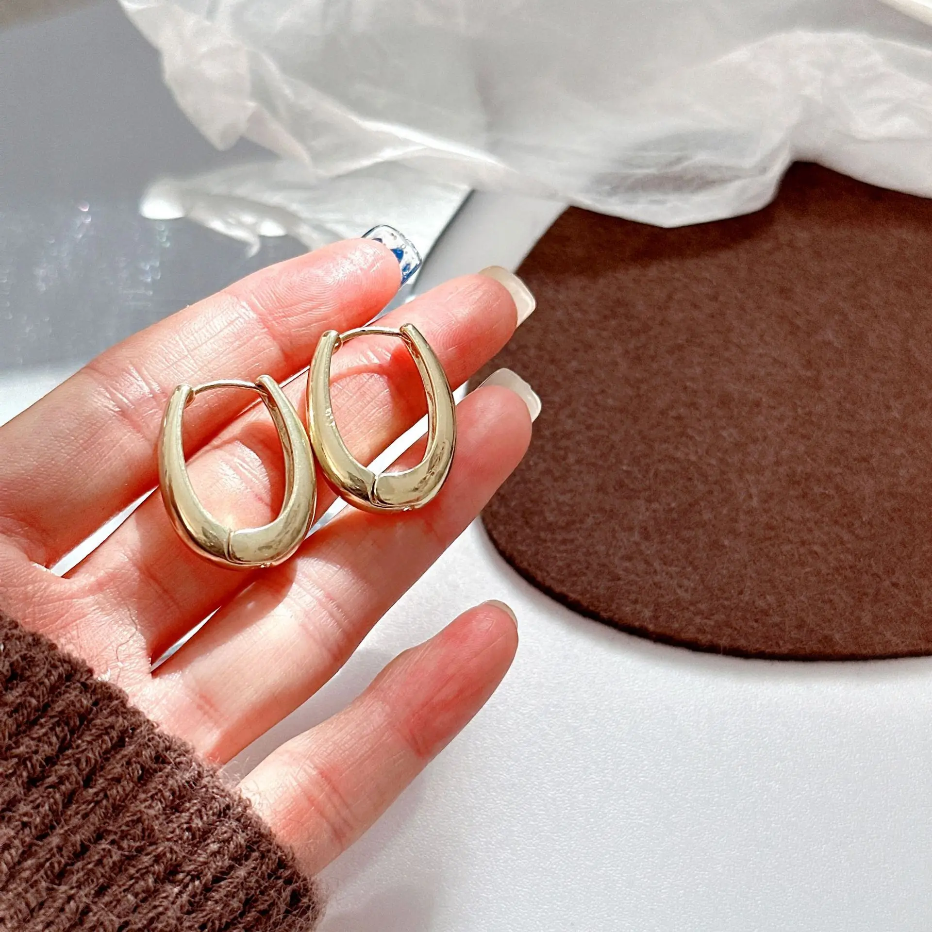 Ins Chic Geometric Small Circle Hoop Earrings Simple 14k Gold Plated Oval Hoop Earrings Wholesale Fashion Jewelry